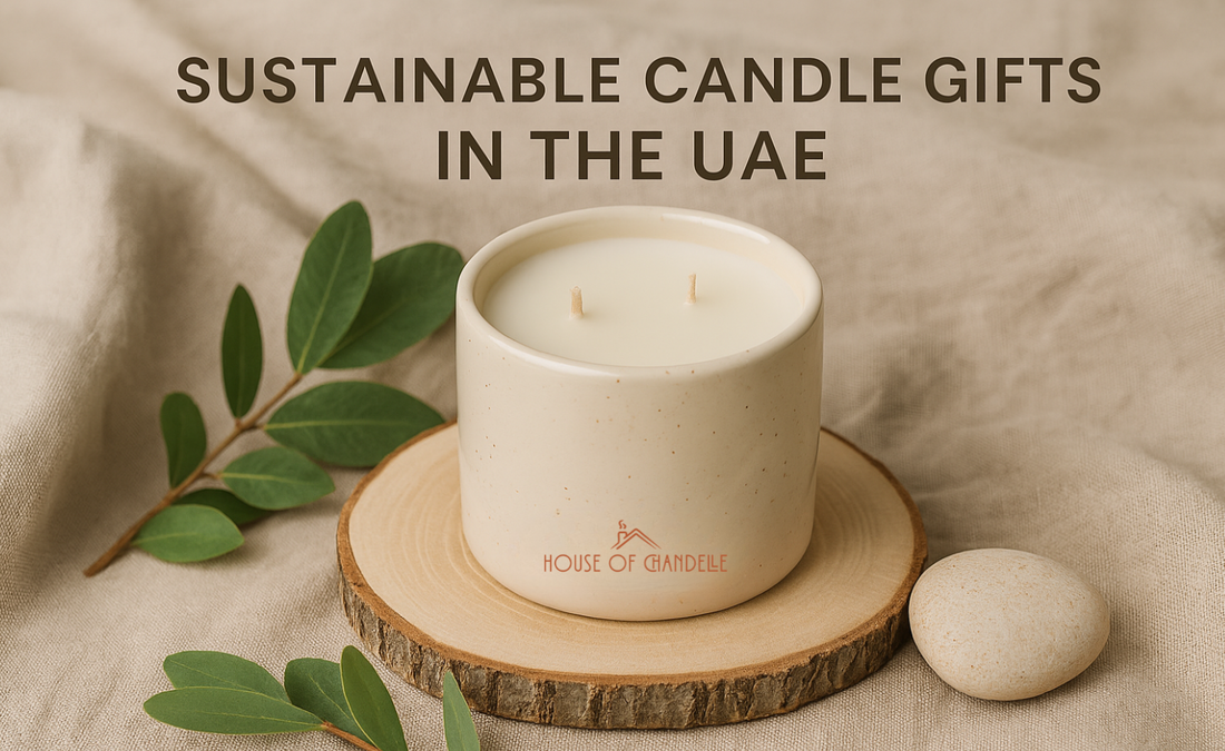 House of Chandelle speckled ceramic candle on wood coaster with eucalyptus leaves and linen background, labeled ‘Sustainable Candle Gifts in the UAE’.