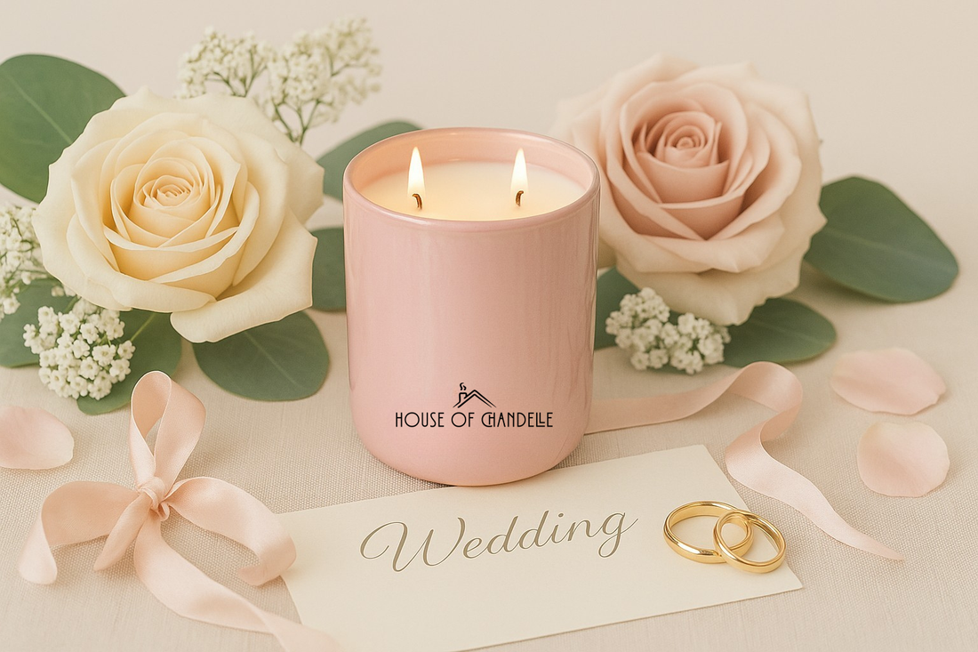 House of Chandelle elegant wedding candle gift setup featuring ceramic candle jars, rose petals, and a wedding invitation — ideal for Dubai bridal favors.