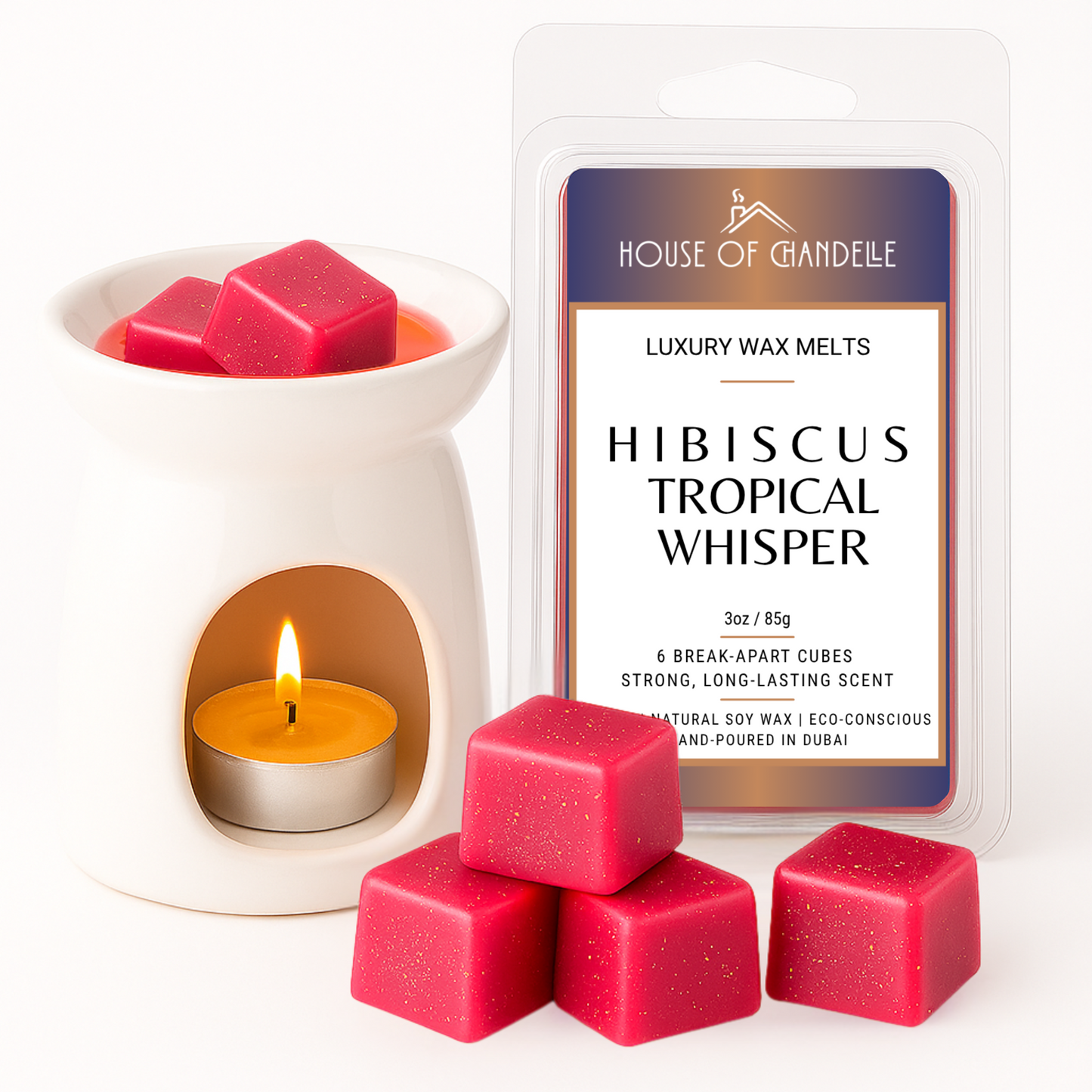 Hibiscus Tropical Whisper wax melts – floral tropical scent, vegan, 100% natural, Dubai
Hibiscus wax melt cubes with flower petals
Burner with hibiscus wax cubes melting