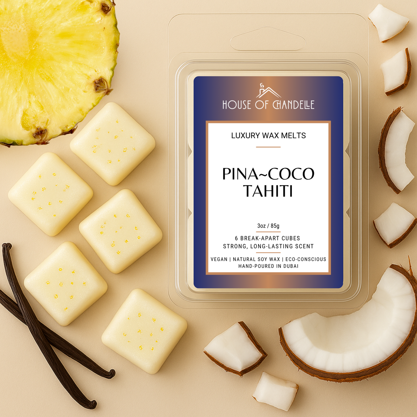 Pina Coco Tahiti wax melts – tropical coconut pineapple scent, vegan, 100% natural, Dubai Burner with Pina Coco wax melts and tropical decor
Coconut and pineapple next to wax cubes