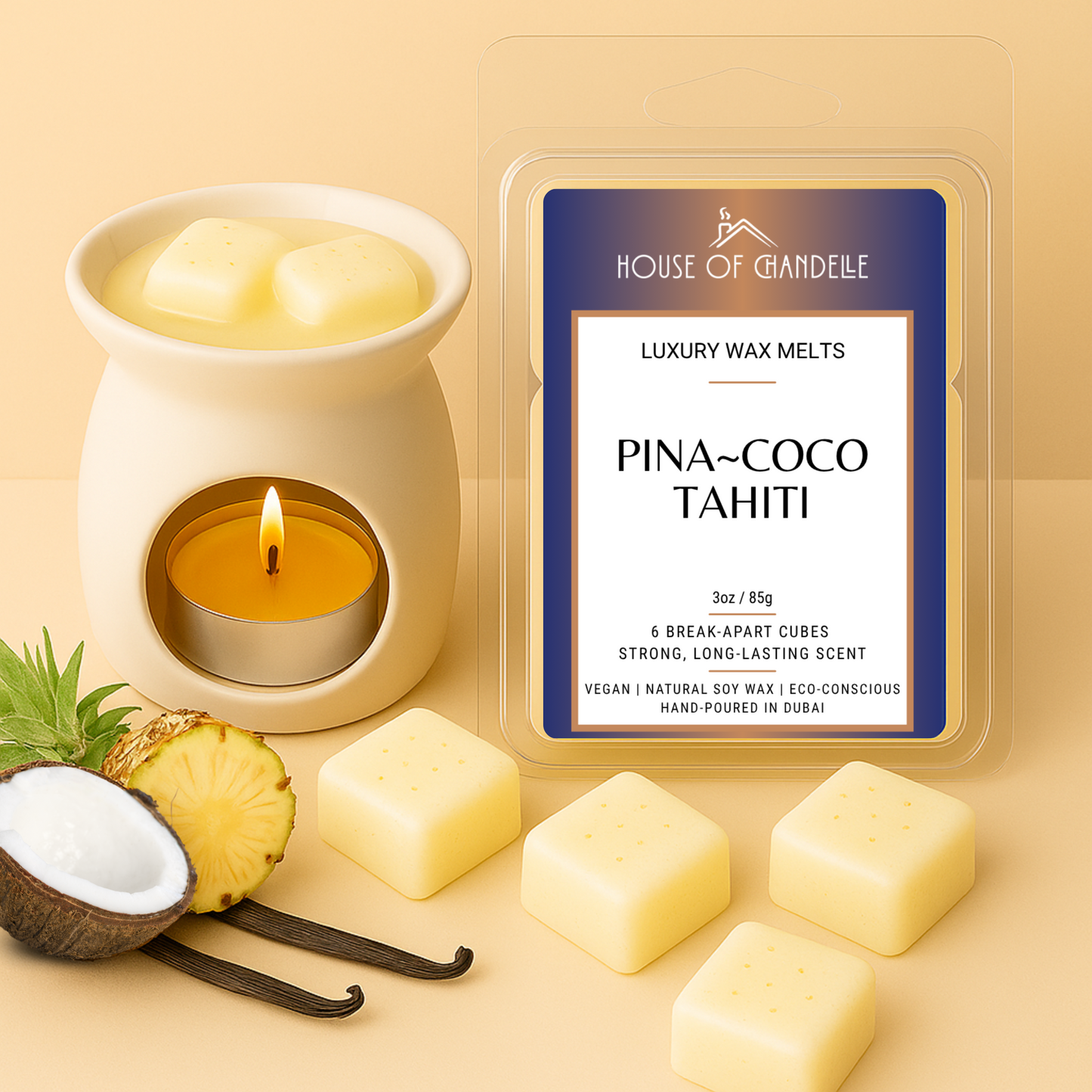 Pina Coco Tahiti wax melts – tropical coconut pineapple scent, vegan, 100% natural, Dubai
Burner with Pina Coco wax melts and tropical decor
Coconut and pineapple next to wax cubes