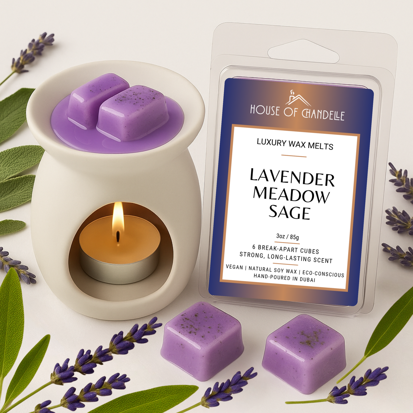 Lavender Meadow Sage wax melts – calming lavender herbal scent, vegan, 100% natural, Dubai
Relaxing lavender wax melts near spa towel and dried herbs
Wax melt cubes in burner with sage and lavender decor
