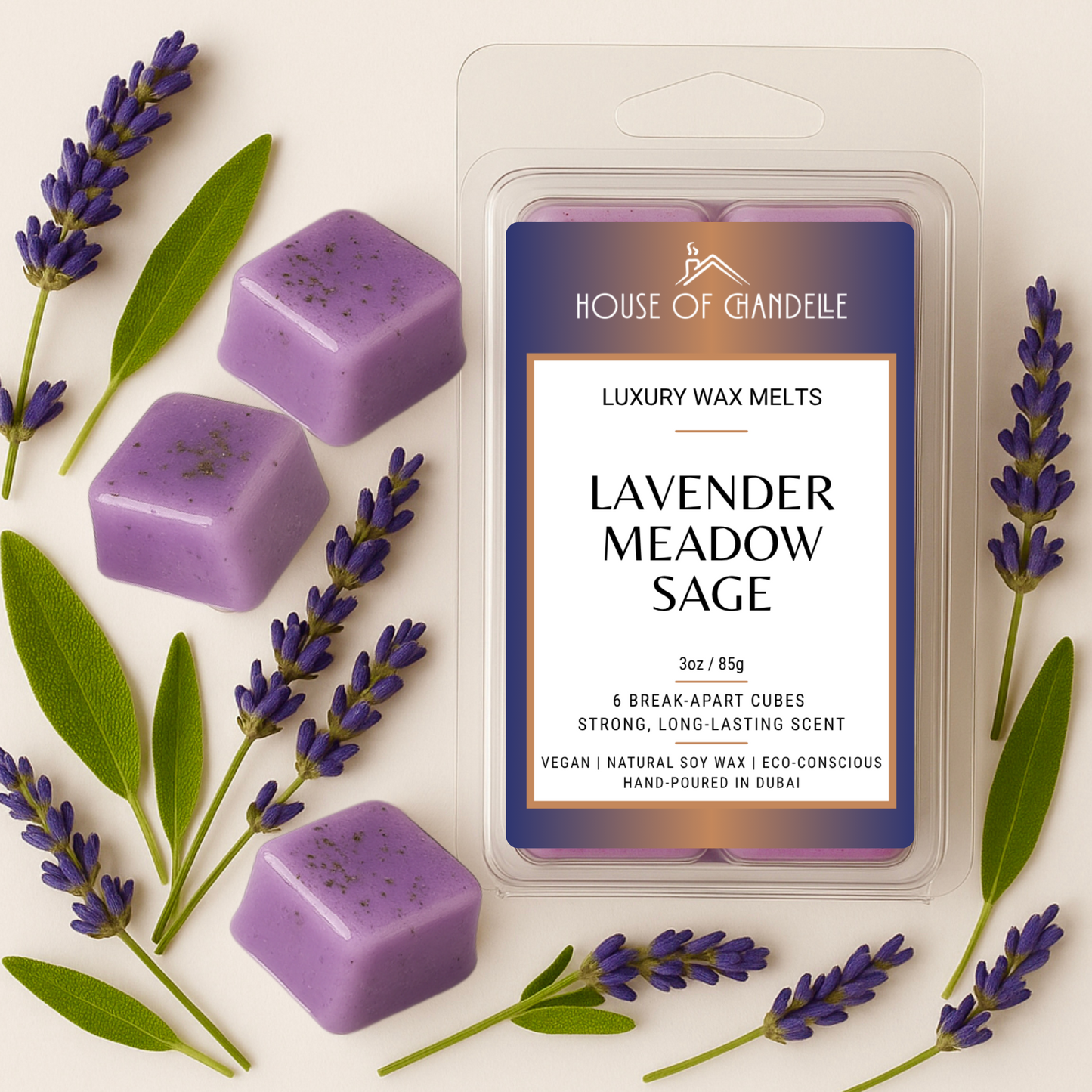 Lavender Meadow Sage wax melts – calming lavender herbal scent, vegan, 100% natural, Dubai
Relaxing lavender wax melts near spa towel and dried herbs
Wax melt cubes in burner with sage and lavender decor