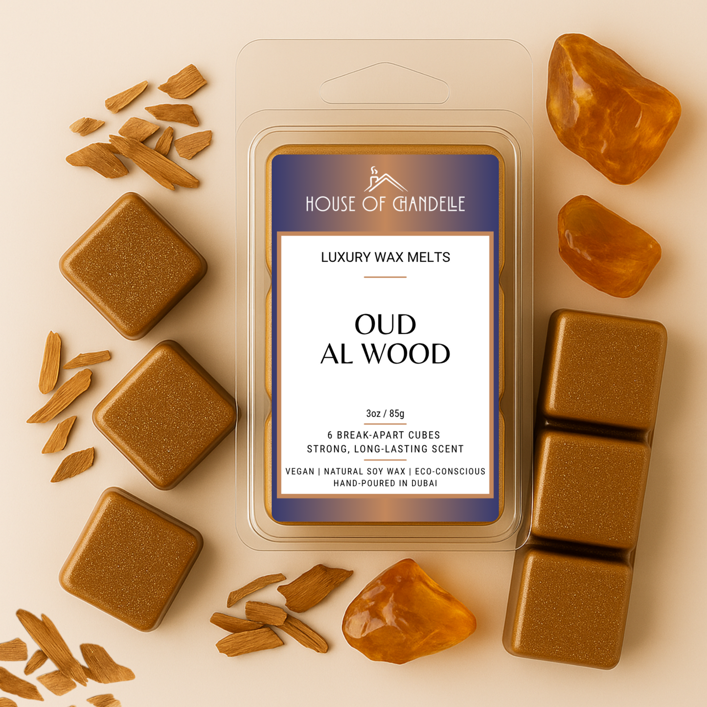 Oud Al Wood wax melts – Arabic oud and amber scent, vegan, Dubai, 100% natural - Oud wax melts in burner with incense and oud wood chips