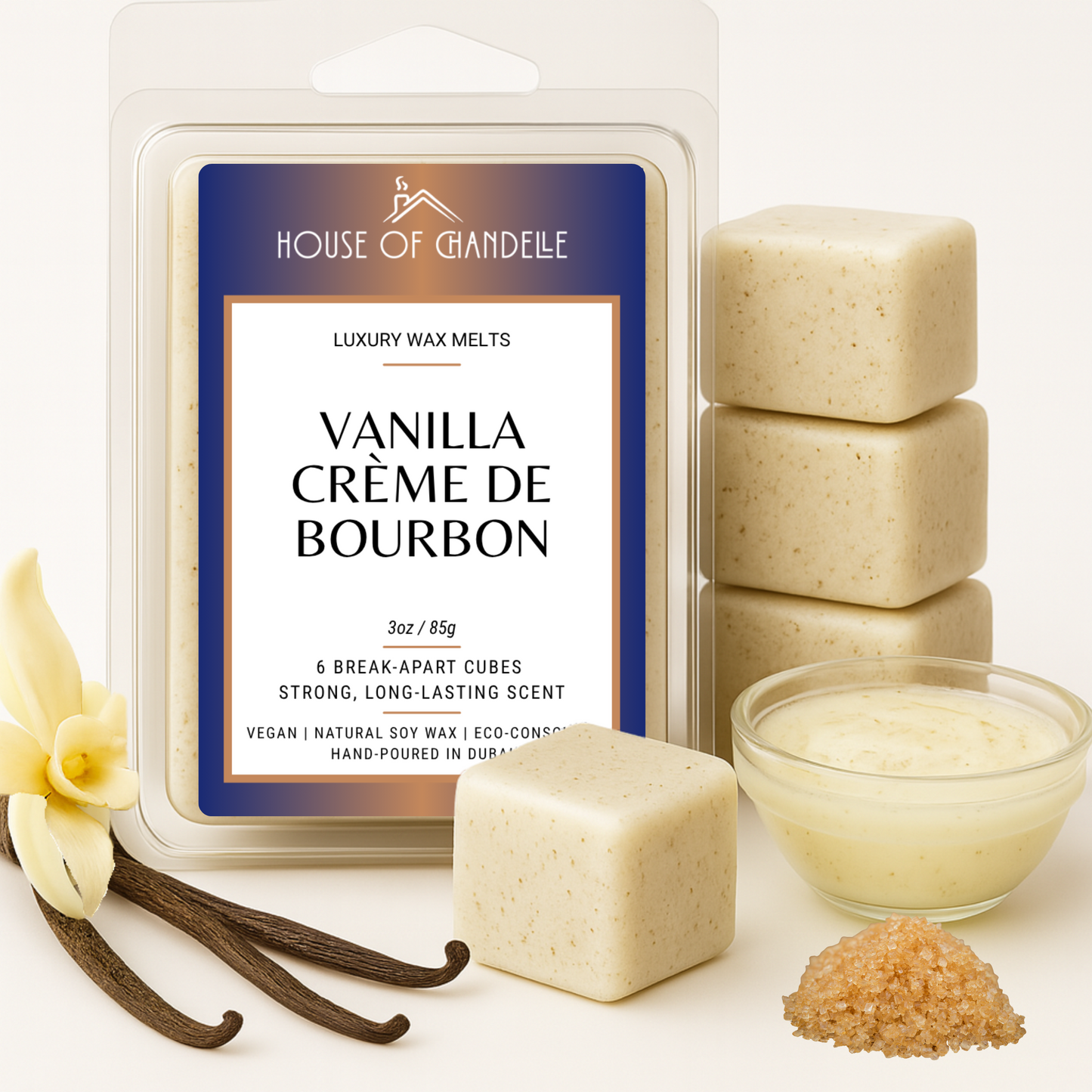 Vanilla Creme de Bourbon wax melts – warm vanilla and bourbon scent, vegan, 100% natural, Dubai
Wax melt cubes with vanilla pods and cream decor
Burner with vanilla bourbon wax melts in use