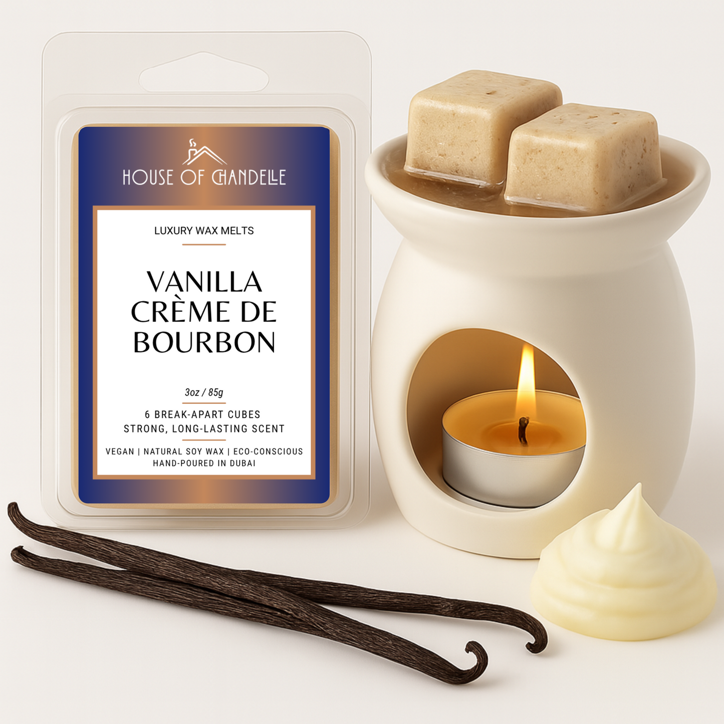 Vanilla Creme de Bourbon wax melts – warm vanilla and bourbon scent, vegan, 100% natural, Dubai
Wax melt cubes with vanilla pods and cream decor
Burner with vanilla bourbon wax melts in use