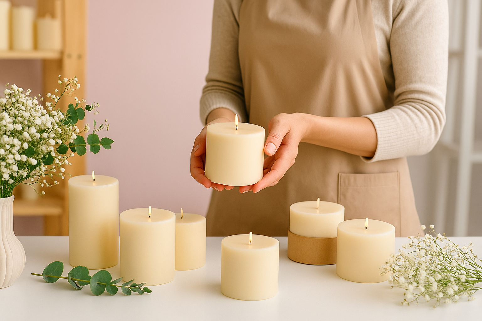 Gift candle workshop voucher – elegant printed card and packaging
Gifting a candle-making workshop – joyful recipient with voucher
Candle-making tools included in the gift experience