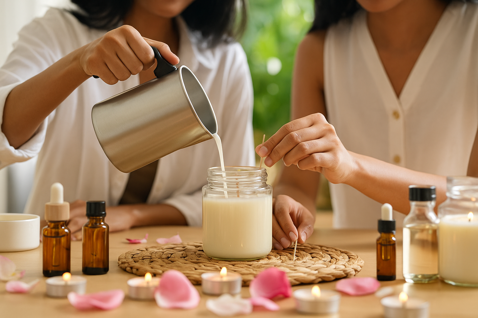 Private candle-making experience in Dubai – VIP guest in elegant setup
Luxury candle-making setup – solo guest table with premium tools
Completed candle in gift packaging – VIP workshop result