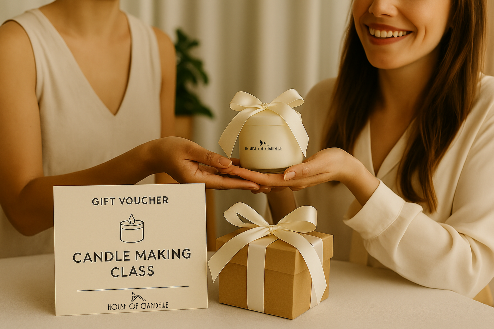 Gift candle workshop voucher – elegant printed card and packaging
Gifting a candle-making workshop – joyful recipient with voucher
Candle-making tools included in the gift experience