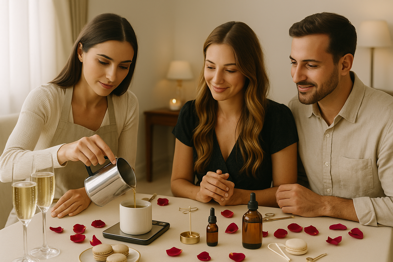 Private candle-making experience in Dubai – VIP guest in elegant setup
Luxury candle-making setup – solo guest table with premium tools
Completed candle in gift packaging – VIP workshop result