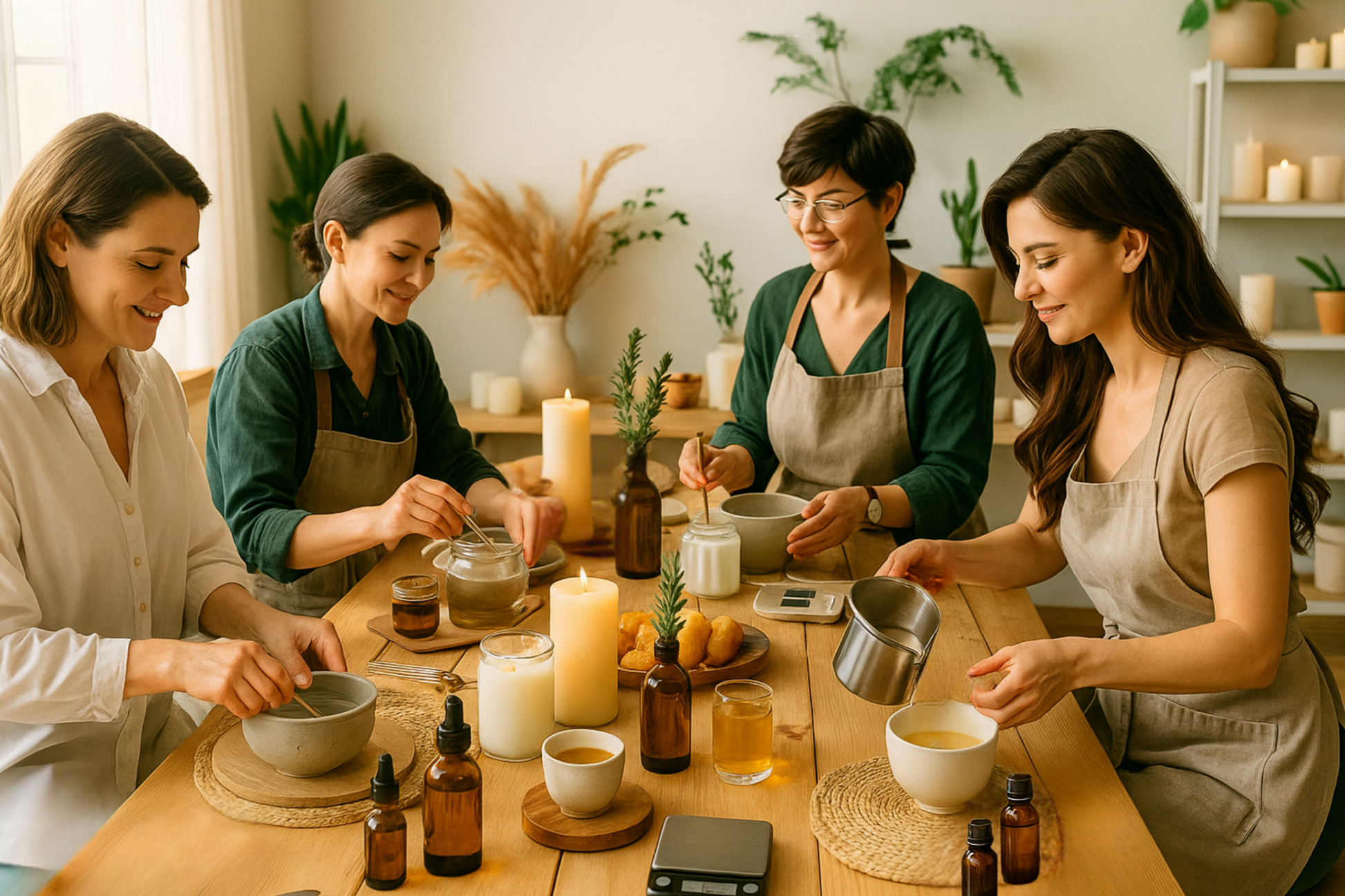 Gift candle workshop voucher – elegant printed card and packaging
Gifting a candle-making workshop – joyful recipient with voucher
Candle-making tools included in the gift experience