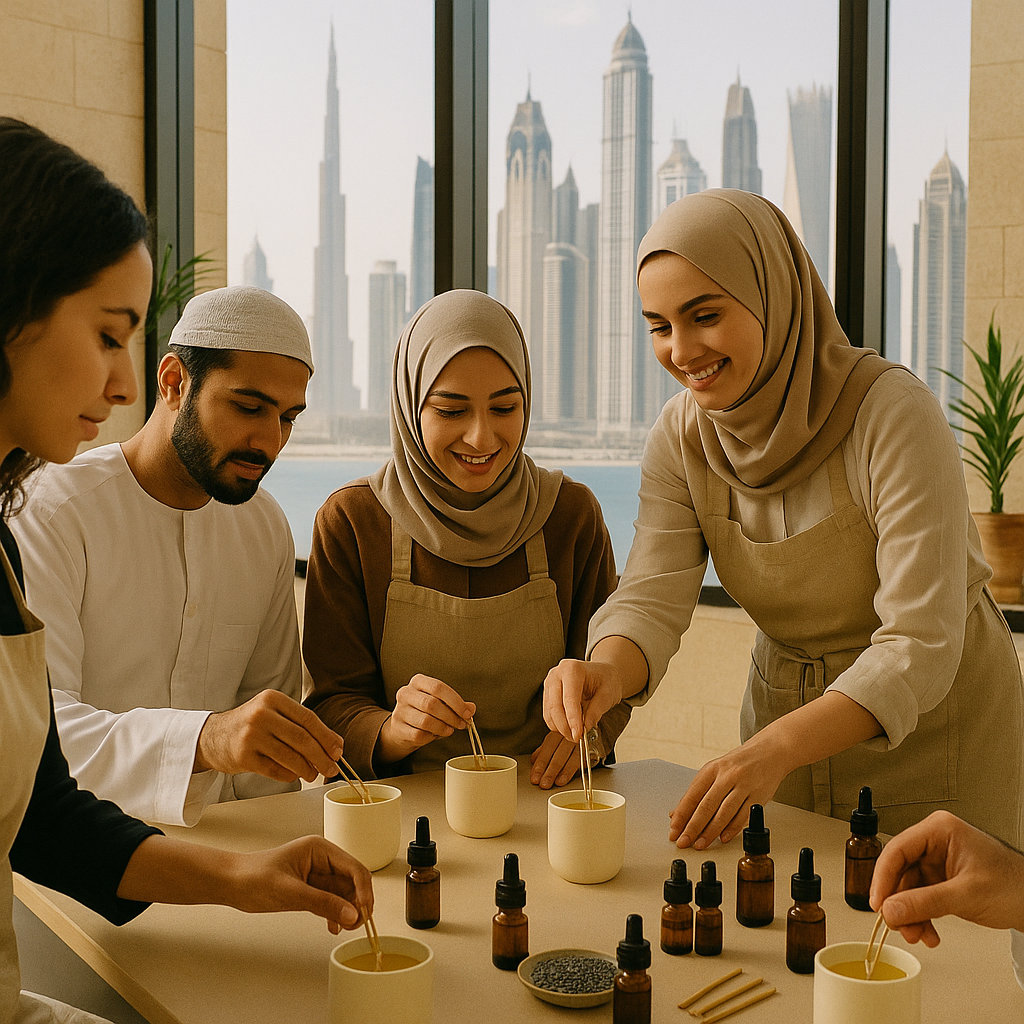 Candle-making workshop signature class – Dubai group session with guests
Fragrance oils and pouring pitchers at candle-making station
Guests smiling and crafting candles during workshop