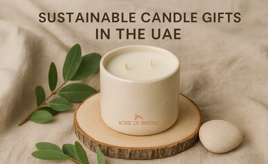 House of Chandelle speckled ceramic candle on wood coaster with eucalyptus leaves and linen background, labeled ‘Sustainable Candle Gifts in the UAE’.