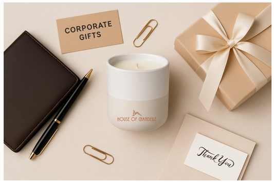 Luxury corporate gift with House of Chandelle candle, thank you card, and ribboned box, styled for clients or employee appreciation in Dubai