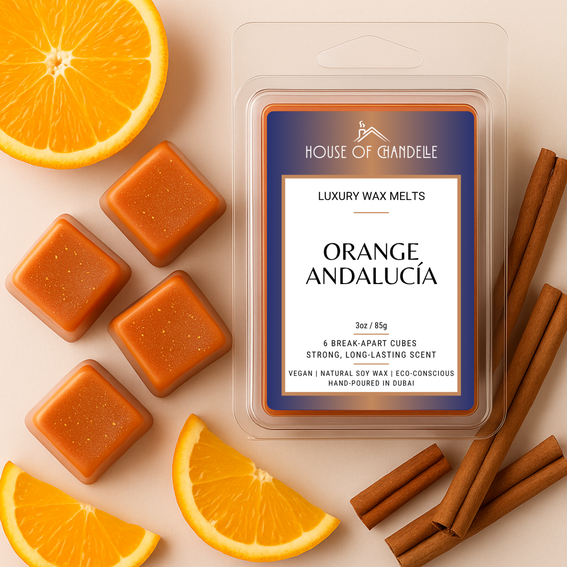 Orange Andalucia wax melts – zesty citrus cinnamon scent, vegan, 100% natural, Dubai
Burner with orange cinnamon wax cubes melting
Orange peel and cinnamon sticks near wax melts