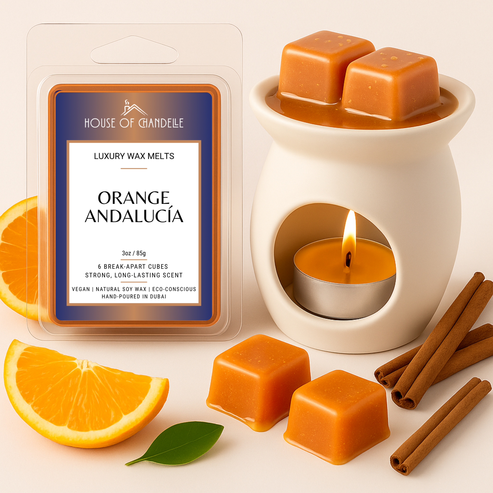 Orange Andalucia wax melts – zesty citrus cinnamon scent, vegan, 100% natural, Dubai
Burner with orange cinnamon wax cubes melting
Orange peel and cinnamon sticks near wax melts