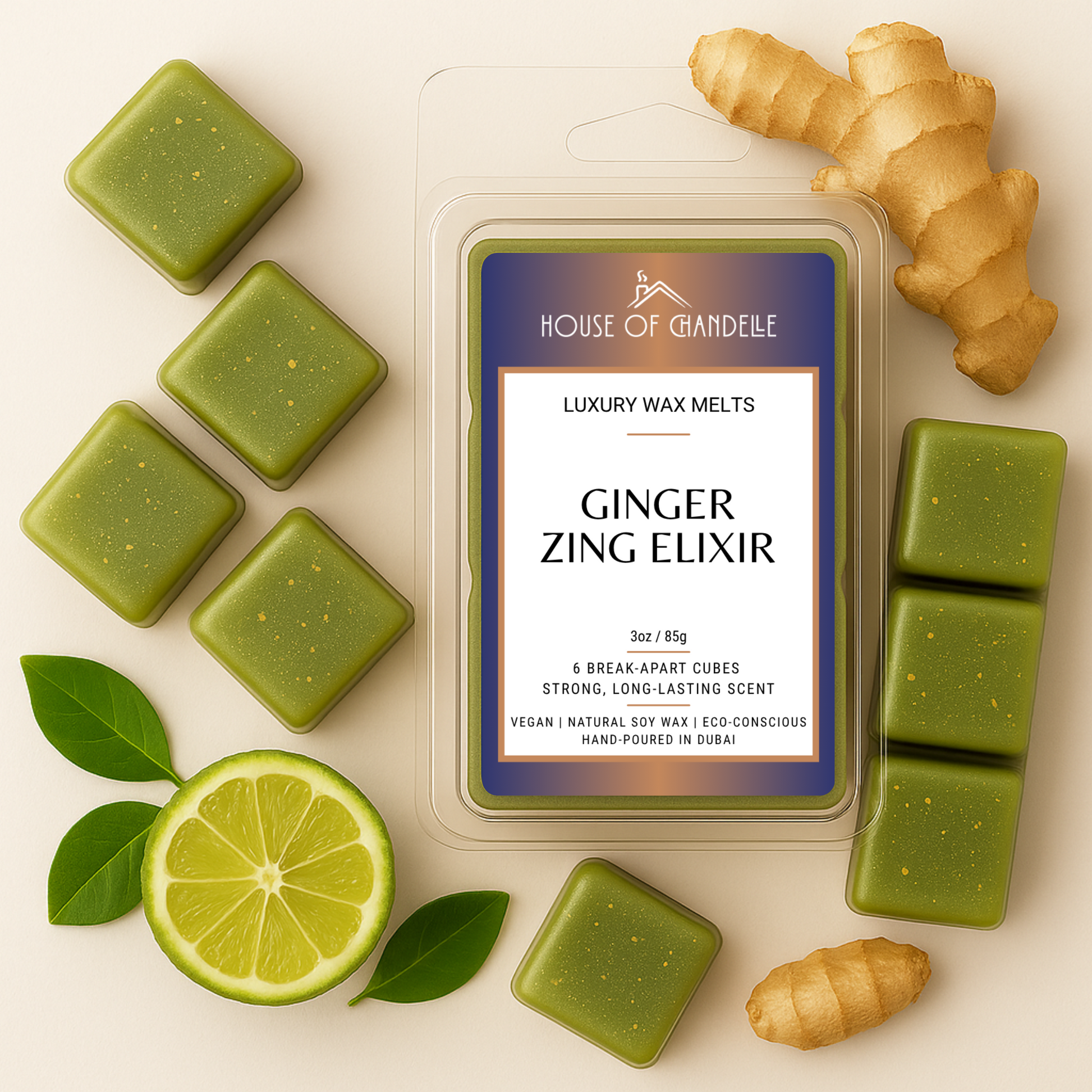 Ginger Zing Elixir wax melts – spicy ginger citrus scent, vegan, 100% natural, Dubai
Ginger slices, wax melts, and citrus decor in product shot
Burner in use with Ginger Zing wax cubes