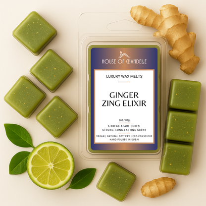 Ginger Zing Elixir wax melts – spicy ginger citrus scent, vegan, 100% natural, Dubai
Ginger slices, wax melts, and citrus decor in product shot
Burner in use with Ginger Zing wax cubes