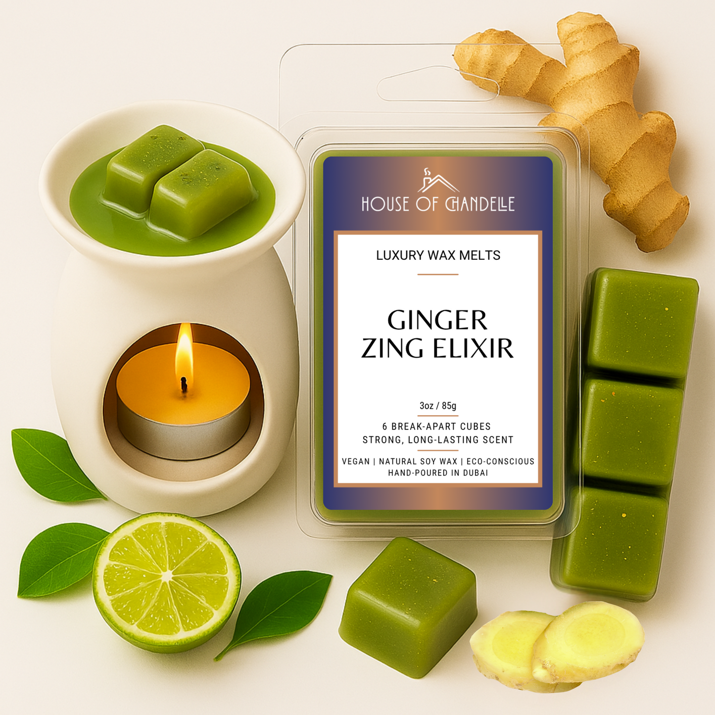 Ginger Zing Elixir wax melts – spicy ginger citrus scent, vegan, 100% natural, Dubai
Ginger slices, wax melts, and citrus decor in product shot
Burner in use with Ginger Zing wax cubes