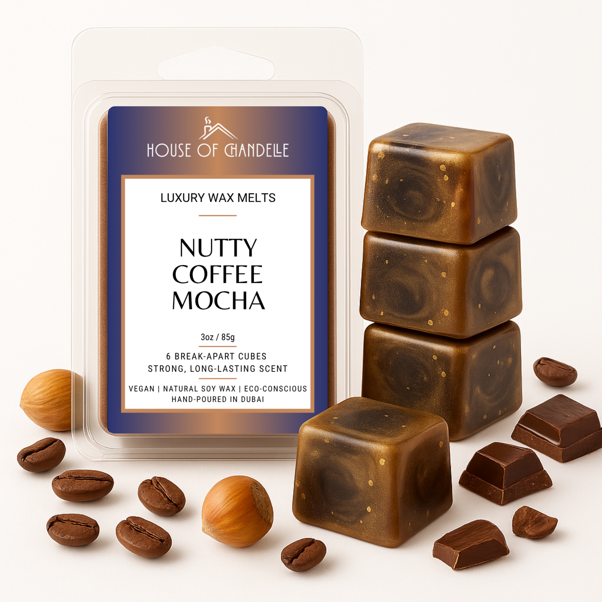 Nutty Coffee Mocha wax melts – coffee chocolate hazelnut scent, vegan, 100% natural, hand-poured in Dubai
Wax melt burner with Nutty Coffee Mocha cubes melting
Nutty Coffee Mocha wax melt cubes with coffee beans and chocolate