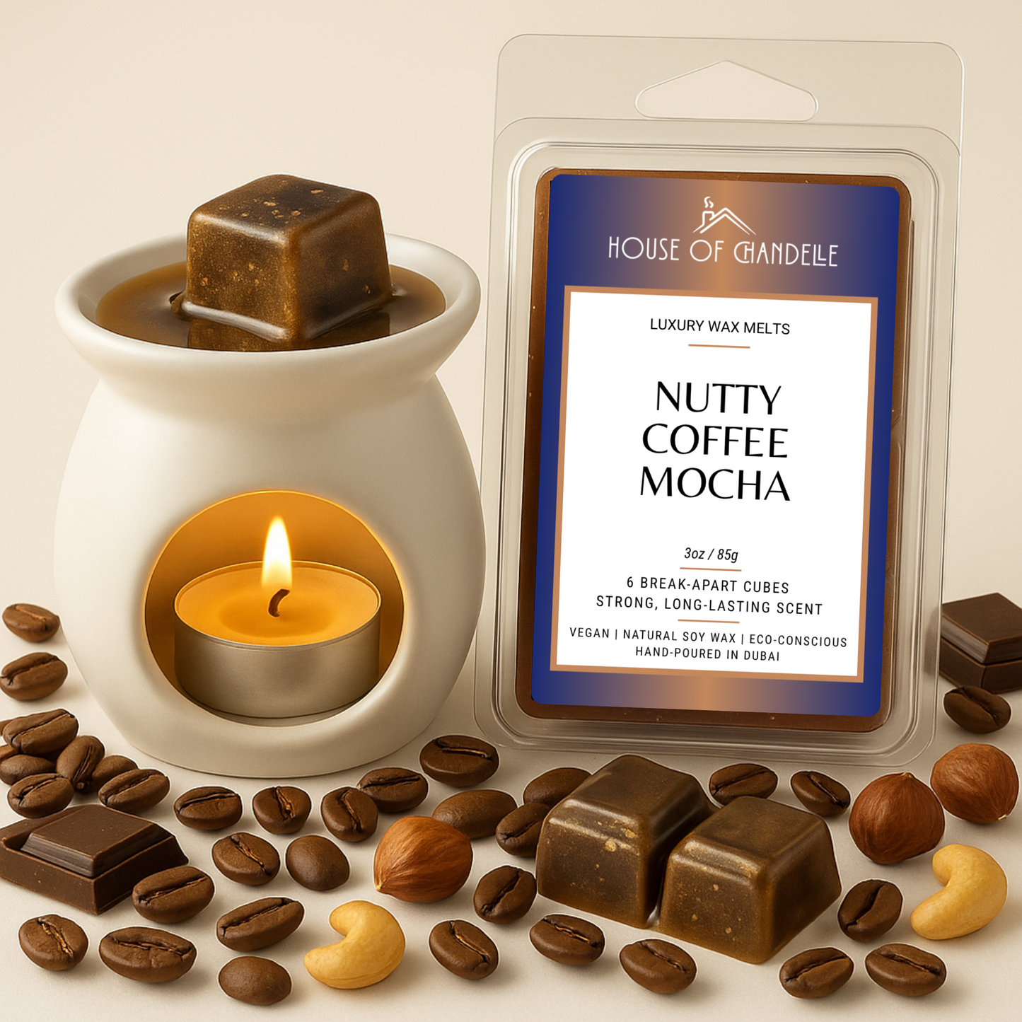 Nutty Coffee Mocha wax melts – coffee chocolate hazelnut scent, vegan, 100% natural, hand-poured in Dubai
Wax melt burner with Nutty Coffee Mocha cubes melting
Nutty Coffee Mocha wax melt cubes with coffee beans and chocolate