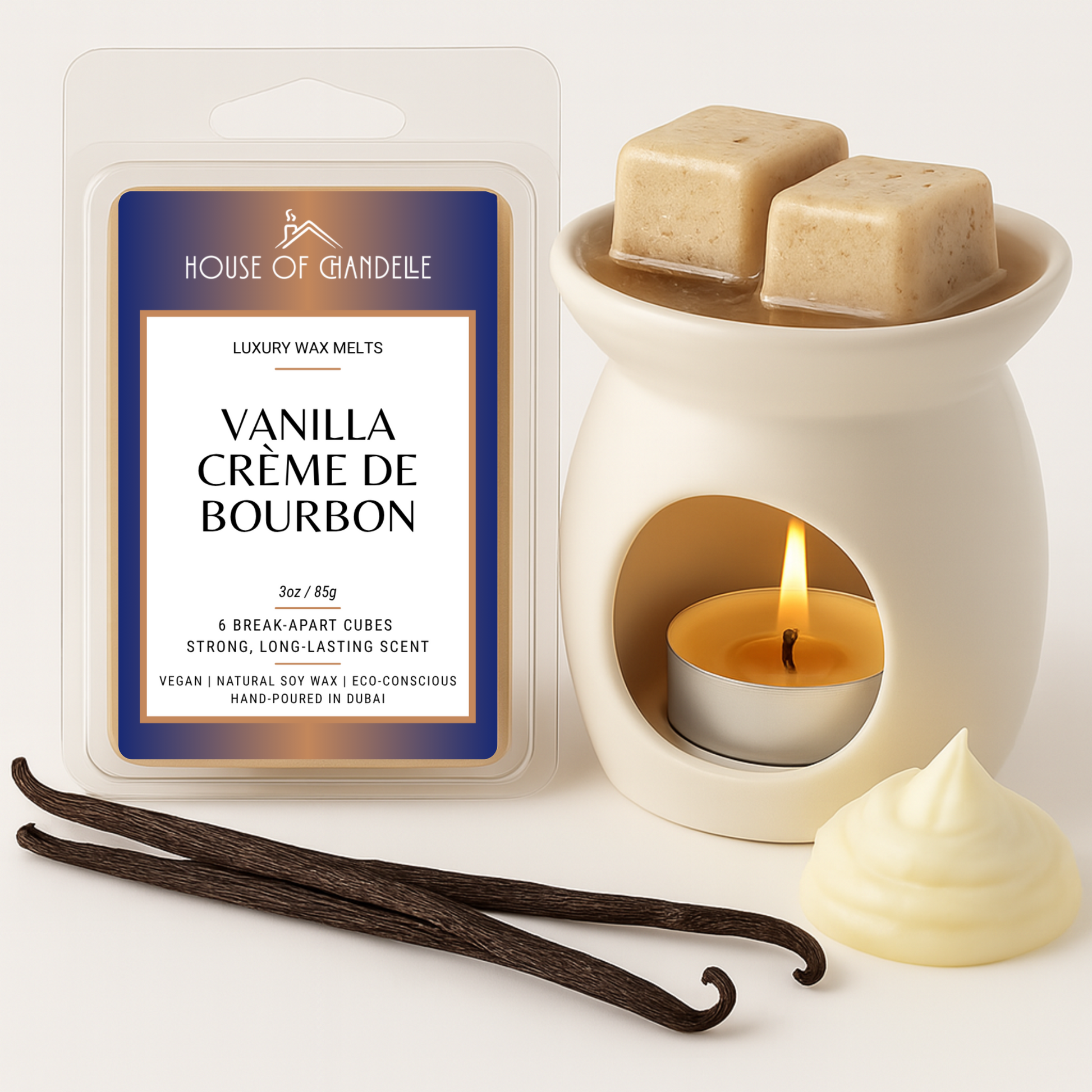 Vanilla Creme de Bourbon wax melts – warm vanilla and bourbon scent, vegan, 100% natural, Dubai
Wax melt cubes with vanilla pods and cream decor
Burner with vanilla bourbon wax melts in use