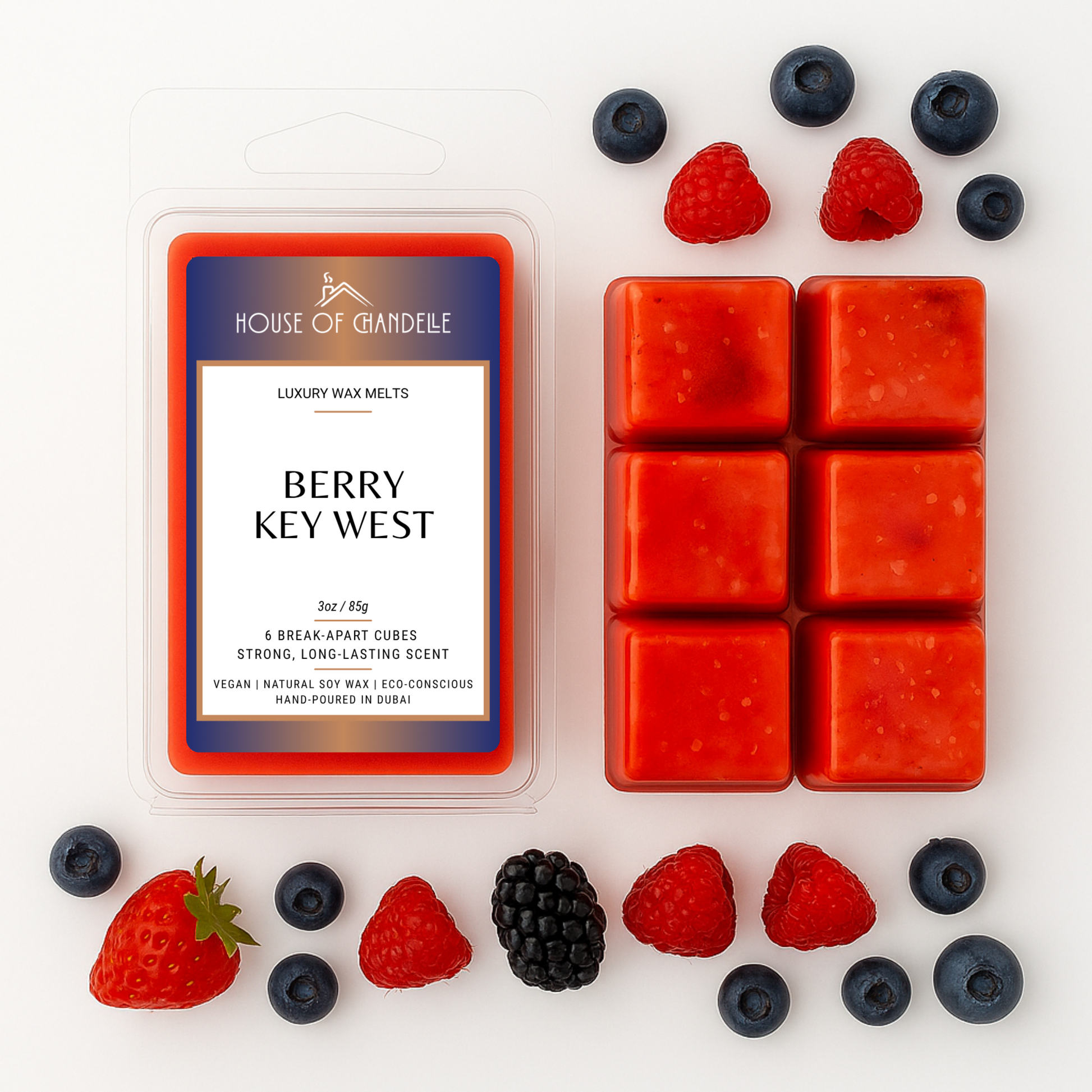 Berry Key West wax melts – tropical berry and citrus scent, vegan, 100% natural, Dubai-made
Berry Key West wax melts with fruits and palm decor