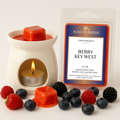 Berry Key West wax melts – tropical berry and citrus scent, vegan, 100% natural, Dubai-made
Berry Key West wax melts with fruits and palm decor