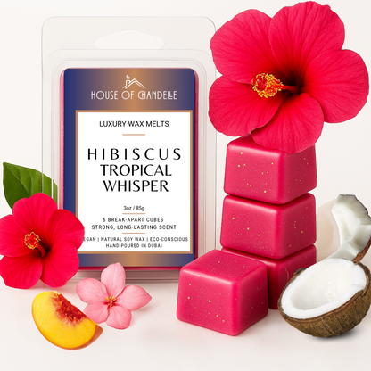 Hibiscus Tropical Whisper wax melts – floral tropical scent, vegan, 100% natural, Dubai
Hibiscus wax melt cubes with flower petals
Burner with hibiscus wax cubes melting