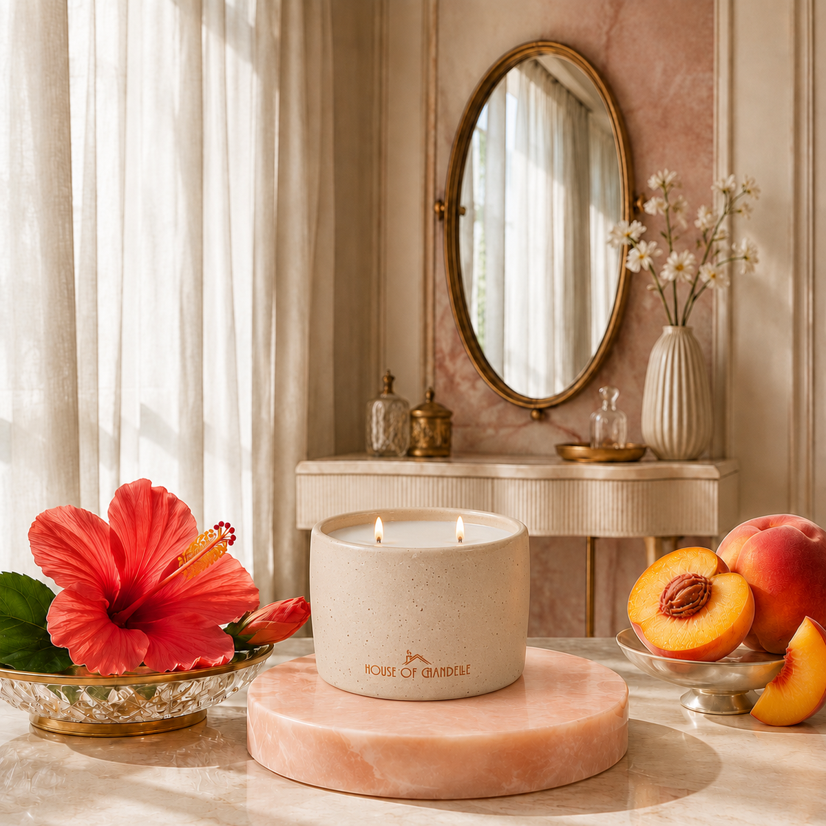 Hibiscus Tropical Whisper Dune Chandelle scented candle 350g – House of Chandelle